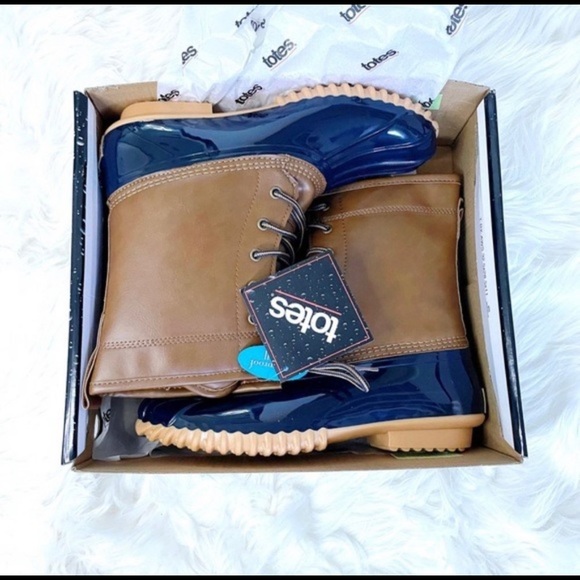 Totes waterproof boots rain boots snow winter lace up navy tan duck - Picture 6 of 6